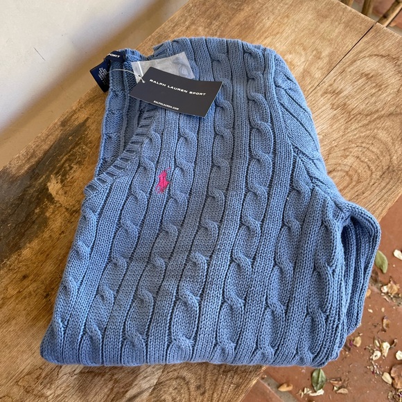 RALPH LAUREN Classic Preppy Blue Cable Knit V-Neck Sweater Pink Polo Pony XL NEW - Picture 2 of 12